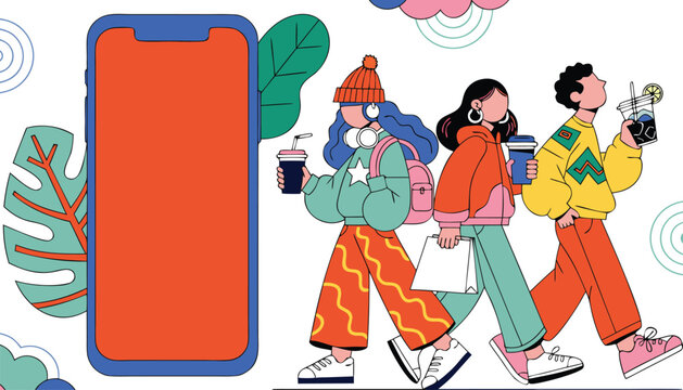Three trendy young people walking while ignoring their digital smartphone devices