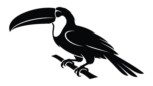 Toucan sits quietly on a tree limb in this clean and simple monochromatic graphic icon.