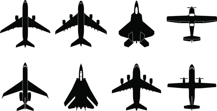 Vector Airplane Silhouette Set Featuring Commercial Airliners Military Fighter Jets and Propeller Planes