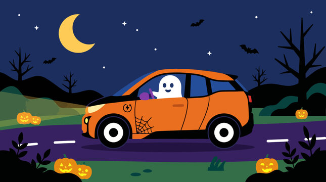 Cute ghost driving orange car through halloween night landscape