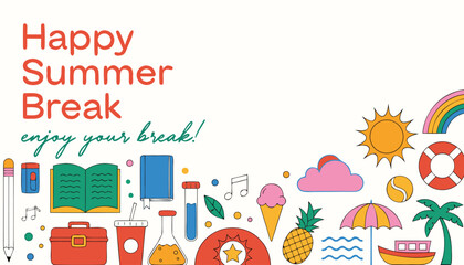 Colorful summer break greeting card with various cute vacation icons © vectyx2