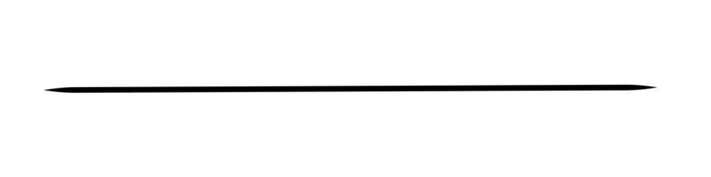 Horizontal black line with tapered ends. Minimalist dividing rule, brush stroke, linear graphic separator for layout arrangement.