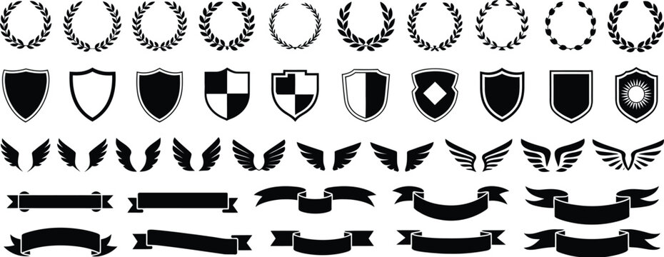 Laurel wreath, shield, wing, ribbon, and banners vector set. Laurel wreaths, shields, wings, ribbons illustration for awards, heraldry, logos, badges, and branding designs