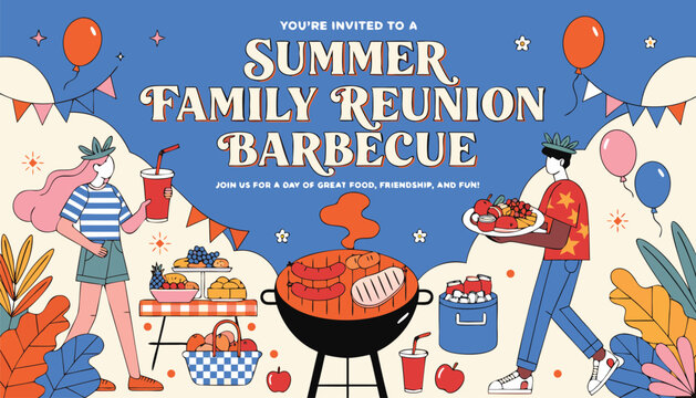 Colorful illustrated summer family reunion barbecue invitation with festive food elements