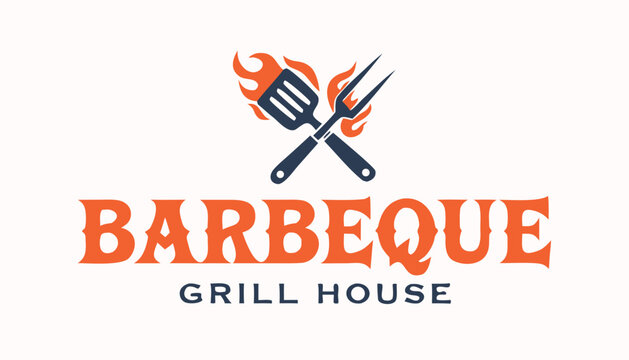 Minimalist barbecue grill house logo design with fire and utensils
