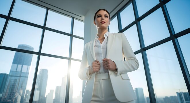 Confident young businesswoman standing in a modern office looking ahead