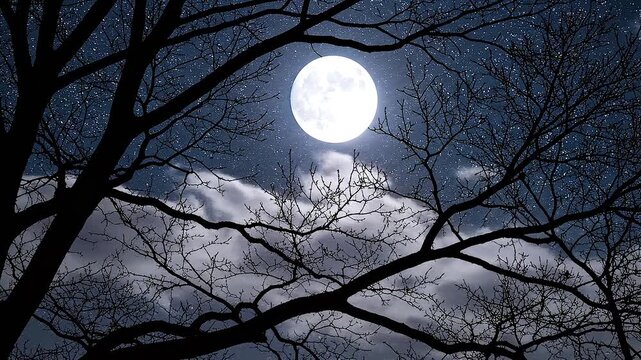 Full Moon Shining Through Bare Tree Branches on Starry Night