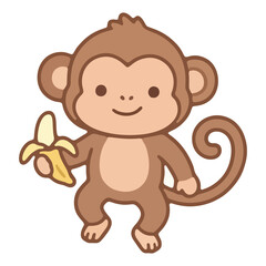 Fototapeta premium Cartoon Baby Monkey Holding Peeled Banana Vector Illustration