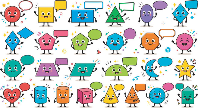 Cute geometric shape character vector set with speech bubbles for kids language learning elementary education and school flashcards