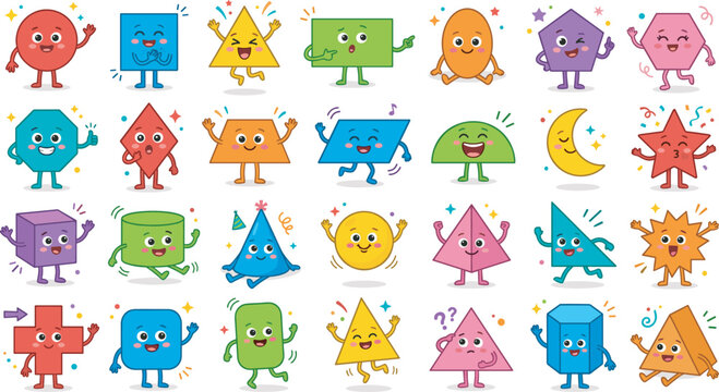 Cute geometric shapes mascot character vector set with funny faces for kids education elementary school and kindergarten learning