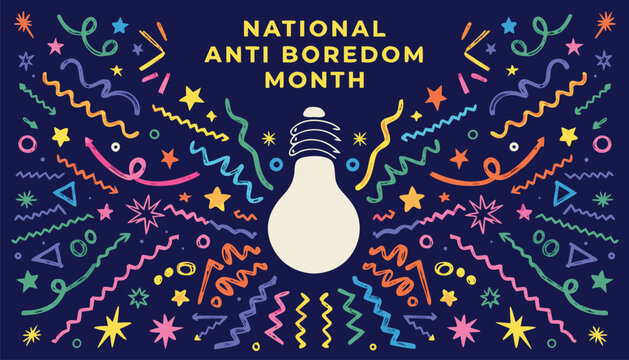 National anti boredom month design with colorful lightbulb and doodles