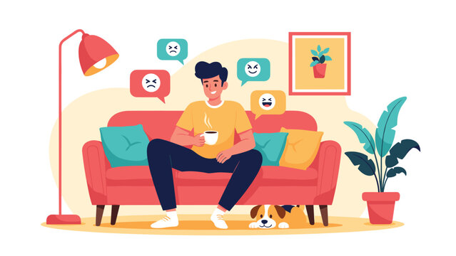 Relaxed man sitting on a sofa with his pet dog and coffee while dealing with different emotional thought bubbles.