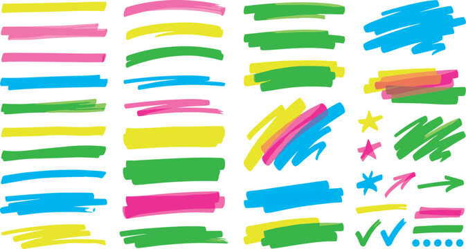 Fluorescent neon highlighter pen strokes vector pack with hand drawn marker lines arrows and colorful text underscores