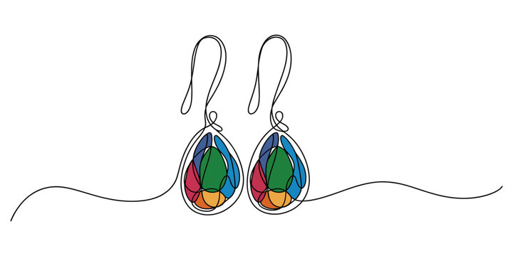 Pair of colorful dangle earrings with gem stones in a line art style
