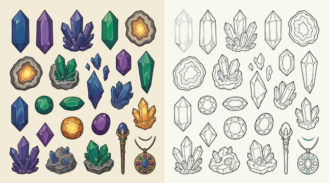 Collection of colorful crystals and gemstones in a flat design style, with a black and white outline version.