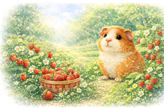 Cute guinea pig sitting near a wicker basket filled with fresh strawberries in a sunny garden. Artistic illustration of a fluffy pet in a summer berry field. Nature and animal theme.