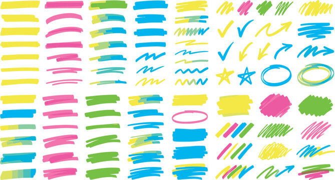 Colorful neon highlighter marker strokes vector set with hand drawn brush lines arrows checkmarks and text correction underscores