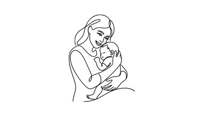 Obraz premium Minimal mother hugging baby line art vector illustration for motherhood and Mothers Day greeting cards