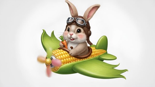 3 d animated rabbit pilot flying on a corn cob airplane in a cartoon style