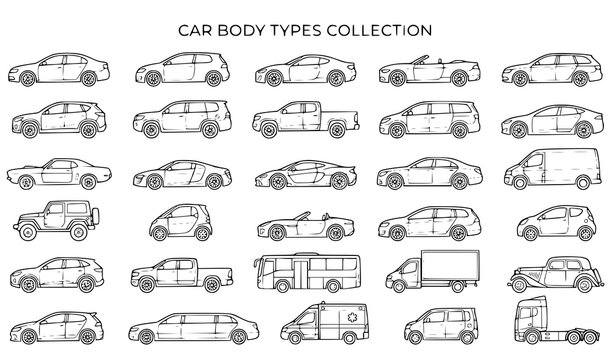 Car Body Types Collection Sedan SUV Hatchback Truck Bus Outline Thin Line Vector Icon Set Illustration