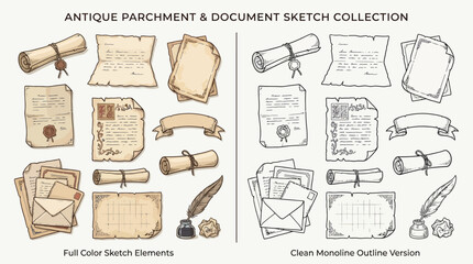 Antique Parchment and Document Sketch Collection Featuring Scrolls, Letters, Envelopes, and Writing Implements. © renender