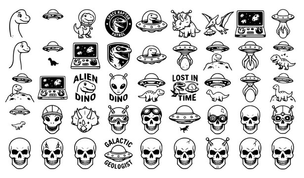 ​Large vector line art collection of sci fi dinosaur alien ufo and human skull icons set on white background
