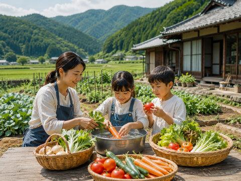 Family Harvesting Vegetables In Rural Garden