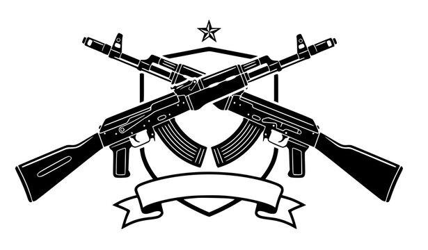 Vector tactical military emblem with crossed automatic assault rifles and shield ribbon icon isolated on white background