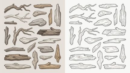 Fototapeta premium Collection of various driftwood pieces and branches in different shapes and sizes, isolated on a neutral background.
