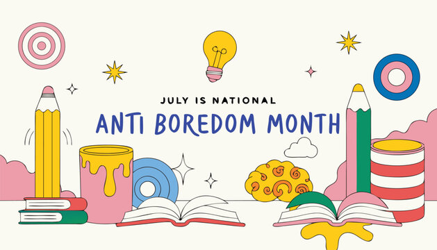 July is national anti boredom month celebration with colorful creative icons
