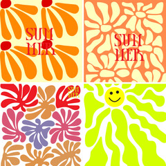 Obraz premium Retro Groovy Summer Vector Background with Abstract Geometric Flowers and Smiling Sun Art.