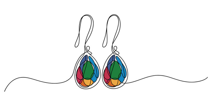 Pair of colorful dangle earrings with gem stones in a line art style