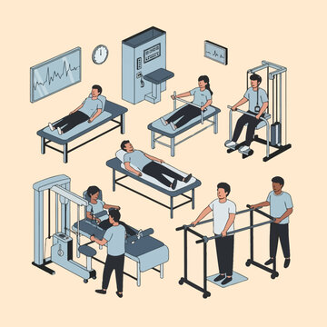 Isometric vector illustration of patients and staff in a physical therapy clinic using rehabilitation equipment, parallel bars, weight machines, and treatment tables.