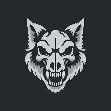 VECTORS. Wolf skull, front view, cartoon style, fierce, wild, cool