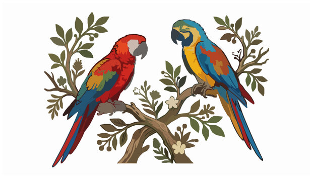 Beautiful vector illustration of two colorful macaw parrots perched on tree branch with green leaves on white background