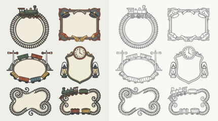 Collection of decorative frames and borders inspired by vintage train travel, featuring locomotives, railway tracks, and clocks. © renender