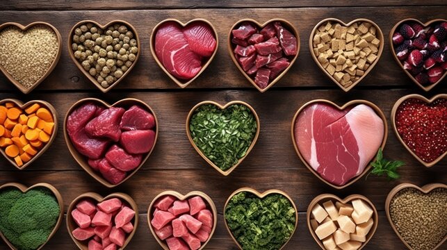 Healthy Raw Pet Food Ingredients in Heart Bowls
