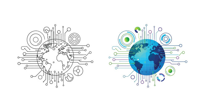 Digital world map connected with glowing circuit lines and colorful abstract data charts on white background