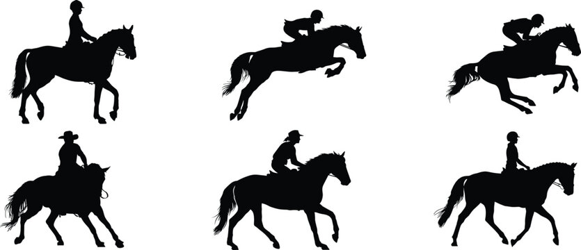 Equestrian Horse Riding Silhouette Collection with Show Jumping Western Riding and Competitive Action Poses