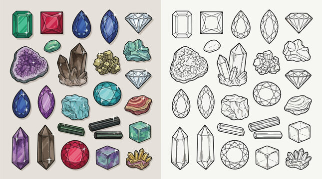 Collection of colorful gemstones and crystals, both in color and outline, on a textured background.
