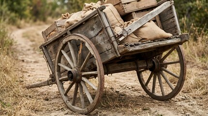Fototapeta premium Old rustic wooden cart on dirt path, loaded with burlap sacks and wooden crates, surrounded by dry grass and blurred background of nature.