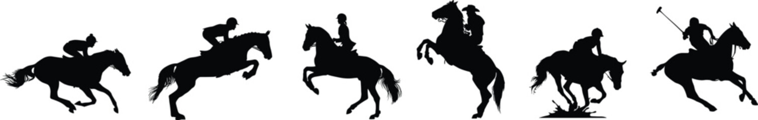 Naklejka premium Horse Riding and Polo Player Silhouette Collection with Show Jumping and Equestrian Action Poses