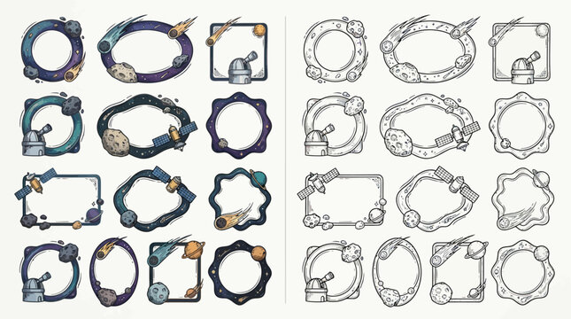 Collection of cosmic and space-themed decorative frames and borders with planets, stars, and rockets, in both color and outline versions.