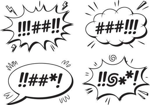 Hand drawn comic speech bubbles with censored swear symbols vector illustration featuring expressive dialogue elements for humorous conversations, comic strips and editorial design projects.