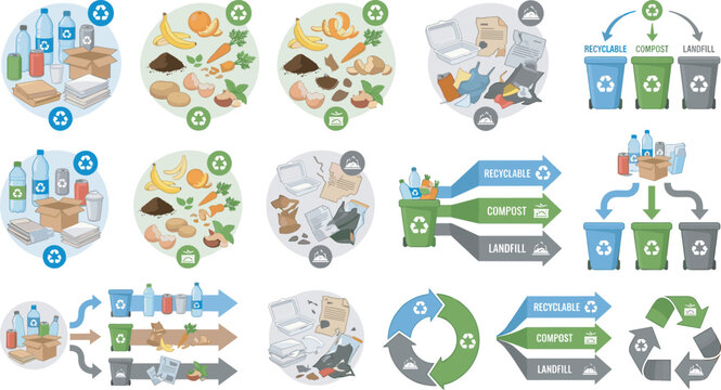 Waste recycling and segregation infographic set with compost sorting bins garbage categories organic food waste and landfill management vector elements collection
