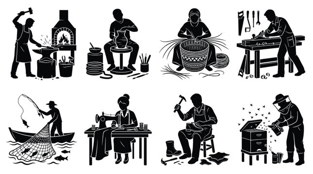 Traditional handicraft profession silhouettes featuring blacksmith potter weaver and tailor.