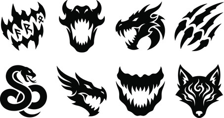 Fototapeta premium Fantasy Creature Mascot Silhouettes Set with Dragon Demon Snake and Wolf Icons