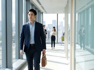 Fototapeta premium Professional asian businessman walking confidently through a bright modern office corridor holding his leather briefcase daily
