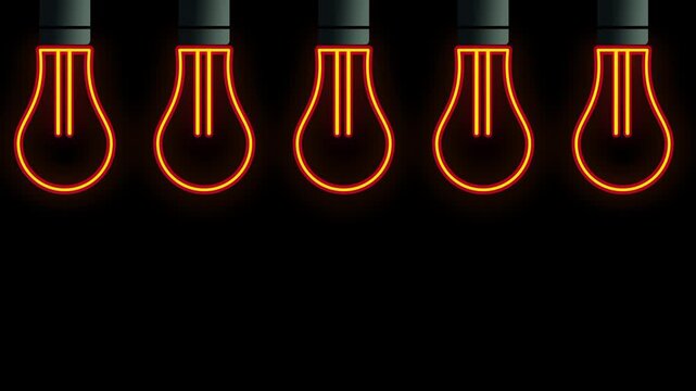 A row of five neon orange glowing filament light bulbs hanging in a line on a dark black background
