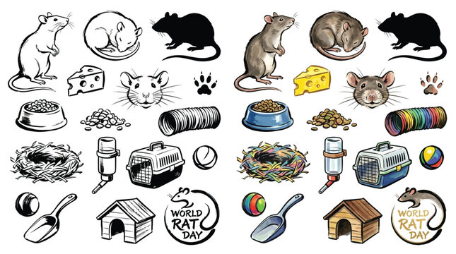 Collection of illustrations and drawings of rats, their accessories, and related elements for World Rat Day.